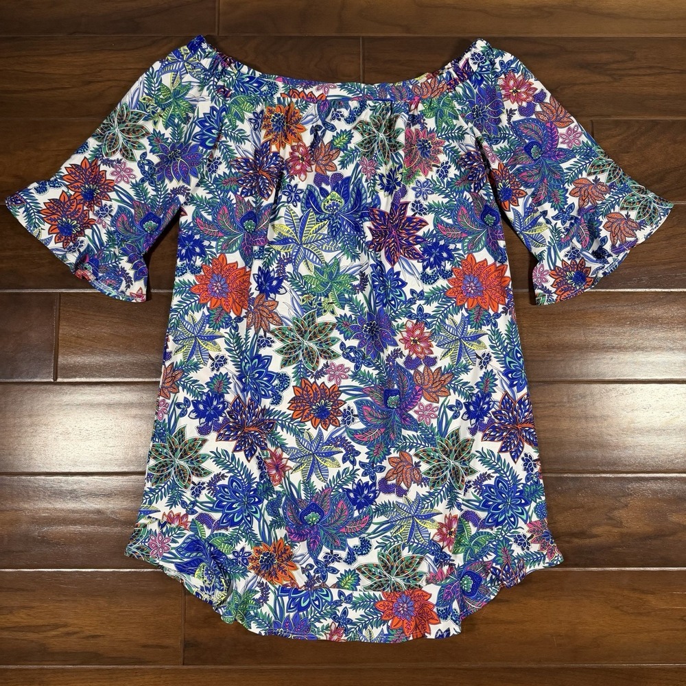 Jude Connally Women's‎ Size Medium Floral Off Shoulder Ruffle Shift Tunic Dress
